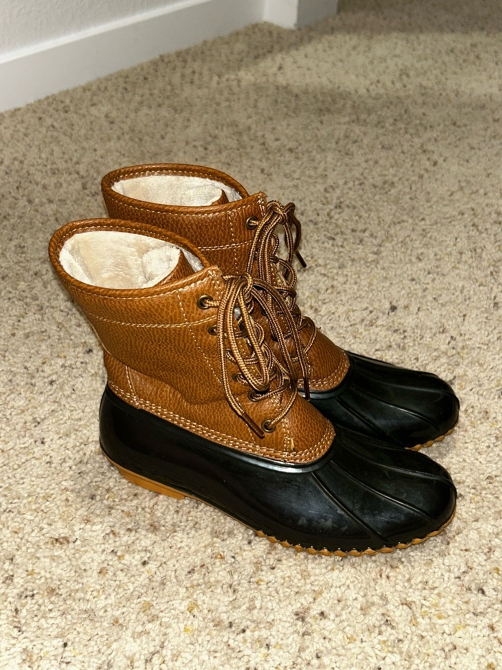 JBU Two-Tone Waterproof Lace-Up Duck Boots in Brown and Black